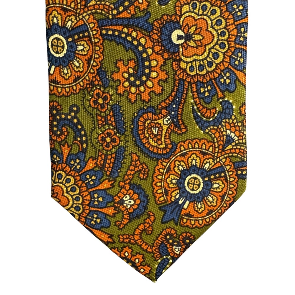 J.Crew Mens Silk Necktie Green Orange Paisley Floral Made in USA Hand Finished